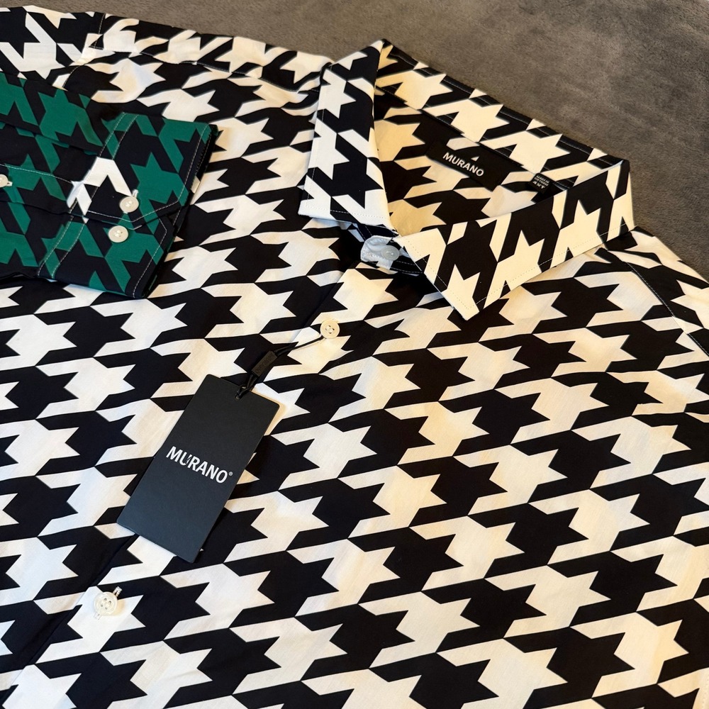 Murano Houndstooth Button Down Shirt‎ Black White Green Long Sleeve Mens 4XT NWT